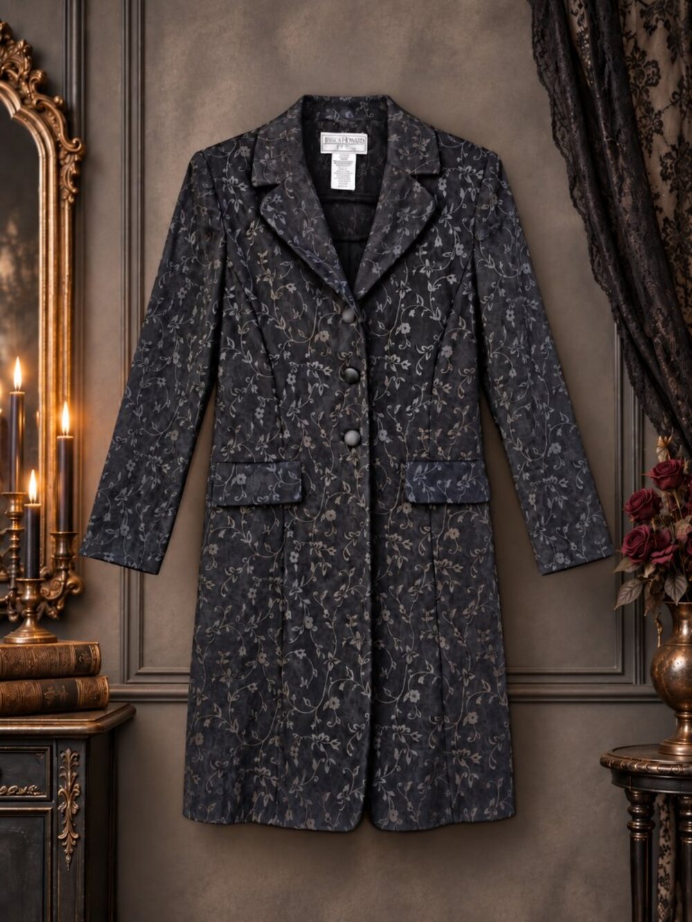 Jessica Howard Black & Gray Floral Long Blazer/Jacket - 10P